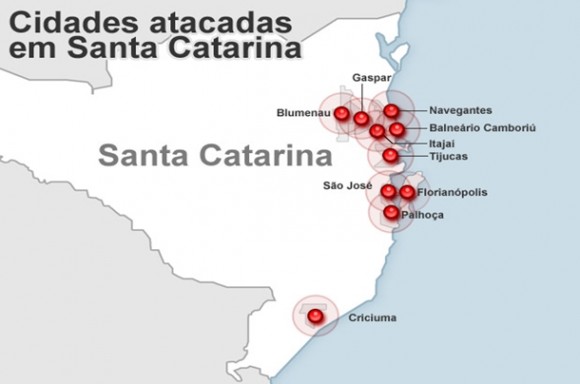 Imagem: Cidade que estão sendo atacadas em SC Sobe para 31 o número de presos por ataques em Santa Catarina