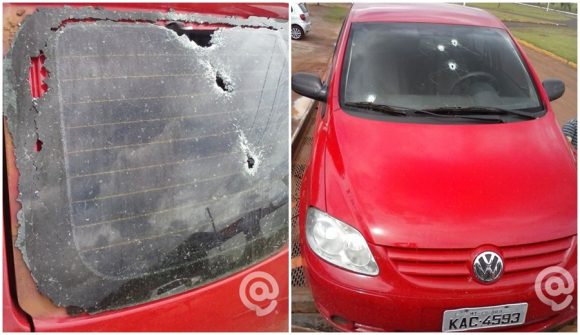 Sinais das balas no carro em que os bandidos estavam - Foto: Adilson Oliveira / AGORA MT