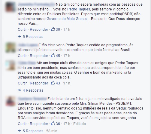 comentários dos internautas na página de Pedro Taques