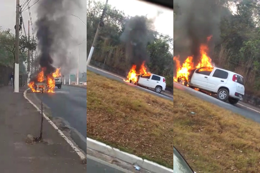Imagem: carro pega fogo em avenida de Cuiabá