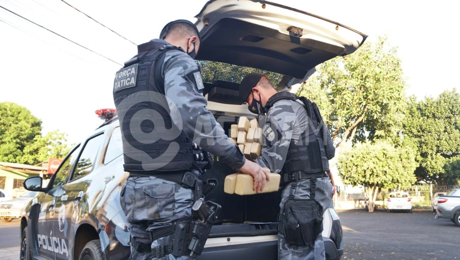 Imagem: policiais guardando droga Força Tática apreende 71 tabletes de maconha escondidos