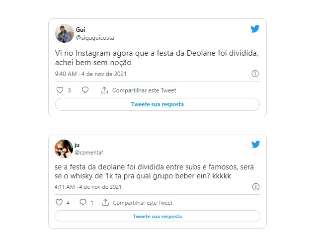 Imagem: comentario twitter Festa de Deolane tem divisão de convidados e expulsão de penetras