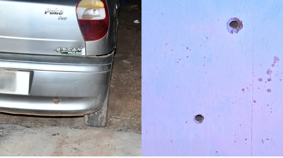 Imagem: Foi encontrada perfuracoes de balas em veiculo e parede proximo ao local Tentativa de Homicídio | Homem é baleado na rua e socorrido pelo Samu