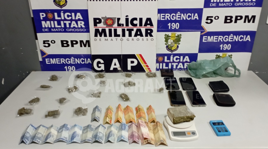Imagem: Dinheiro droga e celulares apreendidos Polícia Militar prende indivíduos suspeitos de realizarem comercialização de droga em Rondonópolis